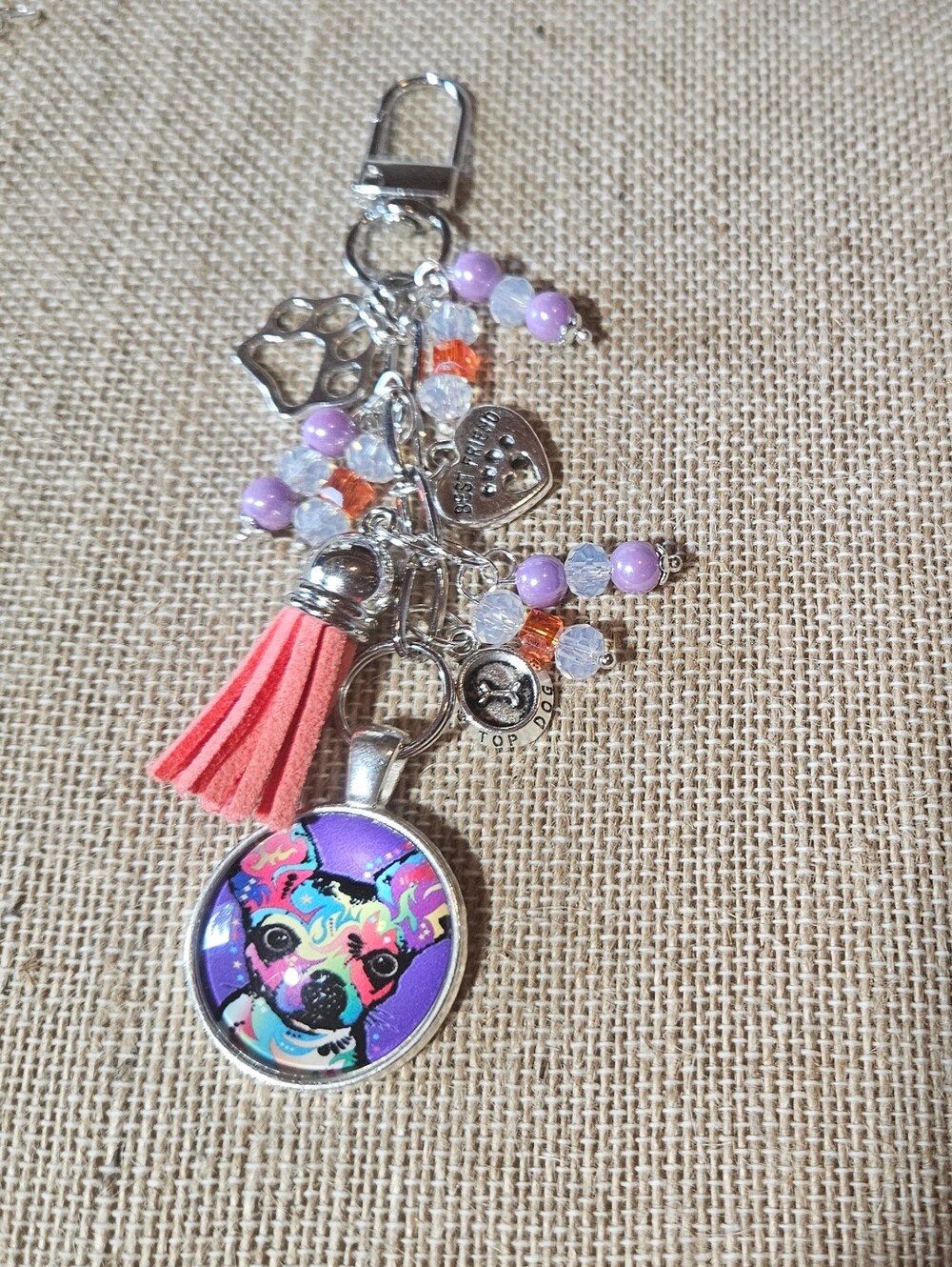 Colorful Chihuahua Art Keychain with Tassel and Beads